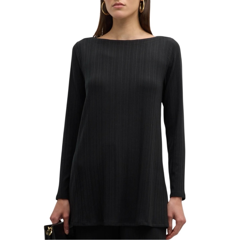 Eileen Fisher Black Ribbed Bateau Neck Long Sleeve Tunic Top